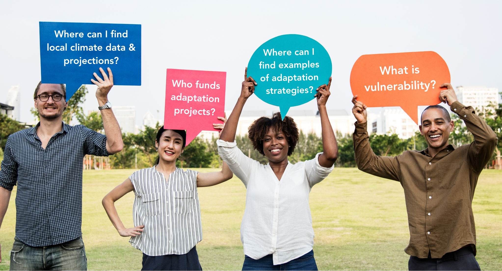 Group of people holding signs with questions about climate change adaptation.